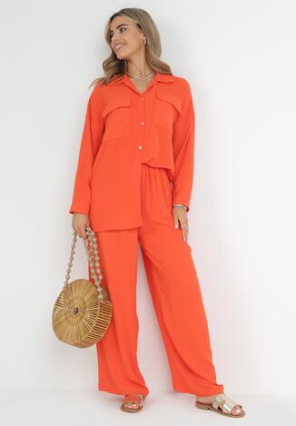 Pomarańczowy 2-częściowy Komplet Oversize z Koszulą i Szerokimi Spodniami Tialla
