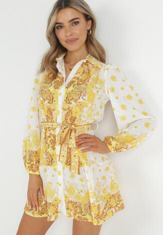 Żółta Koszulowa Sukienka z Guzikami i Gumką w Pasie Melija