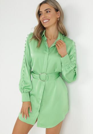 Zielona Satynowa Sukienka Koszulowa z Paskiem i Guzikami na Rękawach Cillas