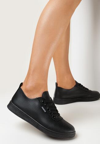 Czarne Tenisówki na Płaskiej Podeszwie z Drobną Perforacją Rephelia