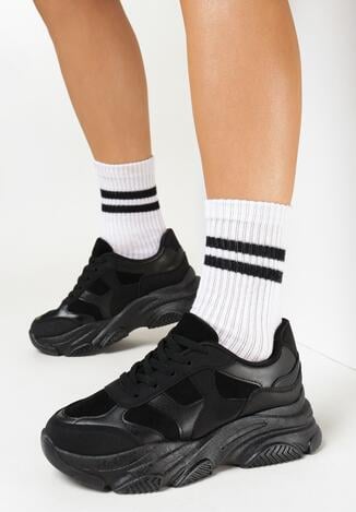 Czarne Sznurowane Sneakersy na Grubej Podeszwie ze Żłobieniami Dangray