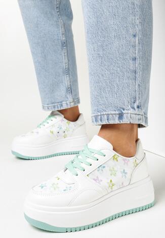 Biało-Zielone Sneakersy na Platformie Zdobione Printem Kwiaty Alilena