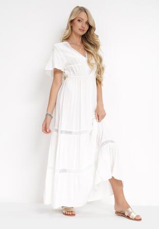 Biała Sukienka Maxi z Gumką w Talii i Koronkowymi Lamówkami Kelbie