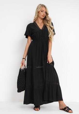 Czarna Sukienka Maxi z Gumką w Talii i Koronkowymi Lamówkami Kelbie