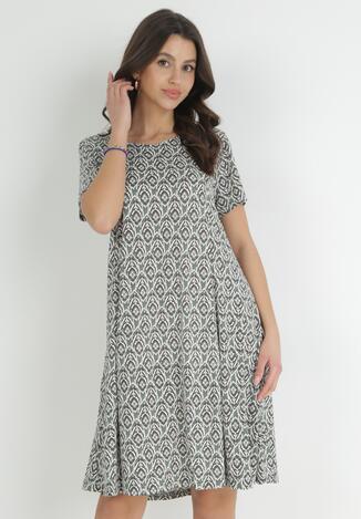 Zielono-Beżowa Sukienka Mini w Drobne Kwiaty Eudolla