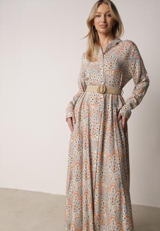 Jasnoniebieska Sukienka z Guzikami i Plecionym Paskiem z Klamrą Aralty