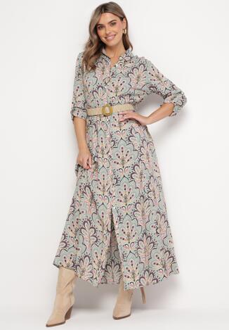 Miętowo-Różowa Sukienka z Guzikami i Plecionym Paskiem z Klamrą Aralty