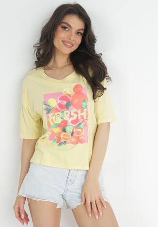 Żółty Bawełniany T-shirt z Owocowym Nadrukiem Zedia