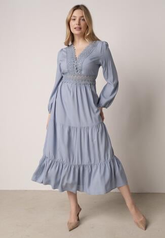 Niebieska Rozkloszowana Sukienka z Koronką Brightyn