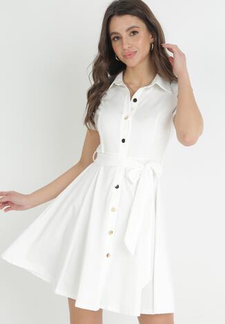 Biała Koszulowa Sukienka Mini z Guzikami i Materiałowym Paskiem Idophira
