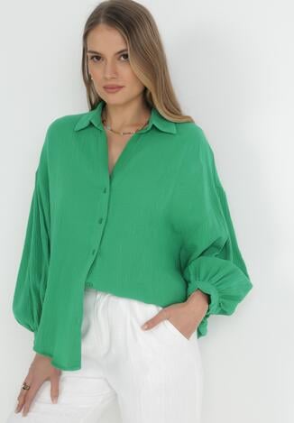 Zielona Bawełniana Koszula Oversize z Szerokimi Rękawami Melillia