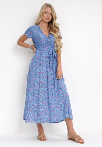 Niebieska Sukienka Maxi z Wiskozy z Gumką w Pasie i Kopertowym Dekoltem Axenie