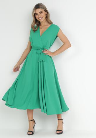 Zielona Sukienka Maxi z Materiałowym Paskiem i Kopertowym Dekoltem Istilla