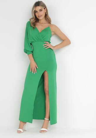Zielona Asymetryczna Sukienka Maxi na Jedno Ramię z Łańcuszkiem Przy Ramieniu Kesilli