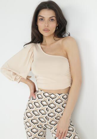 Beżowa Bluzka na Jedno Ramię z Marszczeniem Chesima