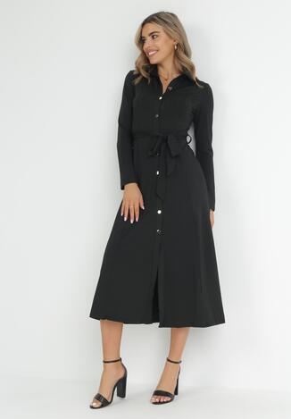 Czarna Sukienka Maxi i Koszulowym Fasonie z Wiązaniem mZynlee
