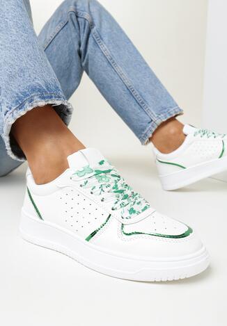 Biało-Zielone Sneakersy z Błyszczącymi Wstawkami i Dekoracyjnym Sznurowaniem Horustia