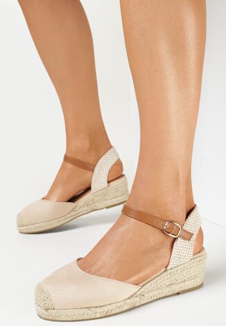Beżowe Sandały na Plecionej Podeszwie z Koturnem ze Sprzączką Cynatha