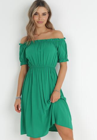 Zielona Sukienka Hiszpanka z Wiskozy z Gumką w Pasie Nayema