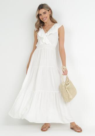 Biała Sukienka Maxi z Marszczoną Gumką w Pasie i Wiązaniem na Plecach Vaida