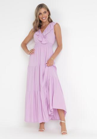 Fioletowa Sukienka Maxi z Marszczoną Gumką w Pasie i Wiązaniem na Plecach Vaida