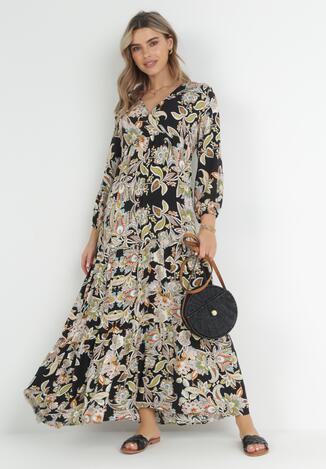 Czarno-Beżowa Rozkloszowana Sukienka Oversize w Kwiaty Kylia