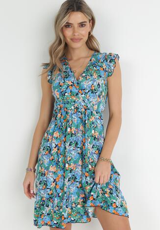 Niebiesko-Granatowa Sukienka w Kwiaty z Gumką w Pasie Razam