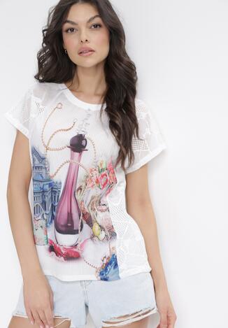 Biała Bluzka z Koronkowej Siateczki z Nadrukiem Aderene