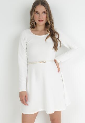 Biała Gładka Sukienka Mini z Długimi Rękawami Irimona