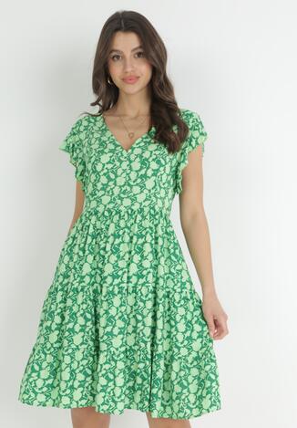 Zielona Sukienka Mini z Wiskozy z Falbanką Przy Ramionach i na Dole Jaysing