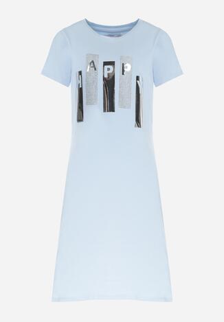 Jasnoniebieska Sukienka T-shirtowa z Krótkim Rękawem z Ozdobnym Nadrukiem z Cyrkoniami Sirephone