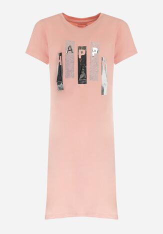 Różowa Sukienka T-shirtowa z Krótkim Rękawem z Ozdobnym Nadrukiem z Cyrkoniami Sirephone