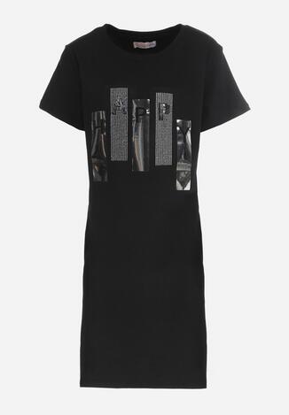 Czarna Sukienka T-shirtowa z Krótkim Rękawem z Ozdobnym Nadrukiem z Cyrkoniami Sirephone