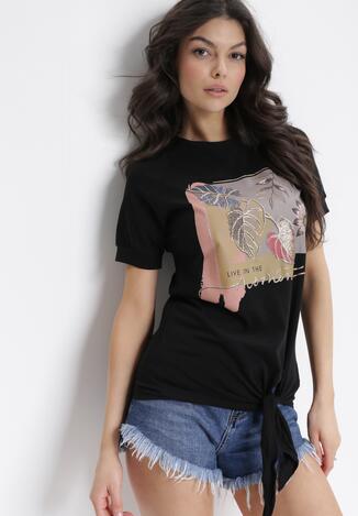 Czarny Bawełniany T-shirt z Brokatowym Nadrukiem i Wiązaniem Edia