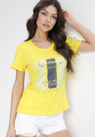 Żółty Bawełniany T-shirt z Błyszczącym Nadrukiem Annasia