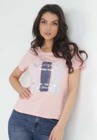Różowy Bawełniany T-shirt z Błyszczącym Nadrukiem Annasia