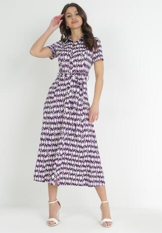 Fioletowa Koszulowa Sukienka Maxi z Materiałowym Paskiem Rainora