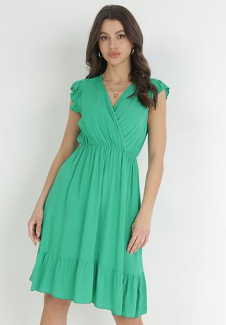 Zielona Wiskozowa Sukienka Mini z Gumką w Talii i Kopertowym Dekoltem Yalemena