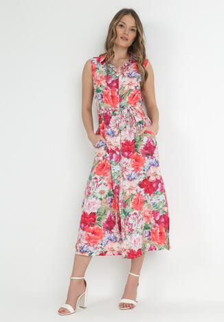 Fuksjowa Koszulowa Sukienka Midi z Materiałowym Paskiem i Rozporkami Saydee