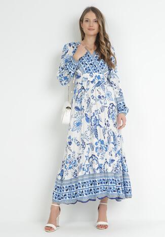 Niebieska Rozkloszowana Sukienka Maxi z Gumkami w Talii i Falbanką Apolla