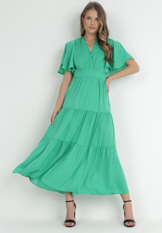 Zielona Rozkloszowana Sukienka Maxi z Falbankami i Odkrytymi Plecami Rallad