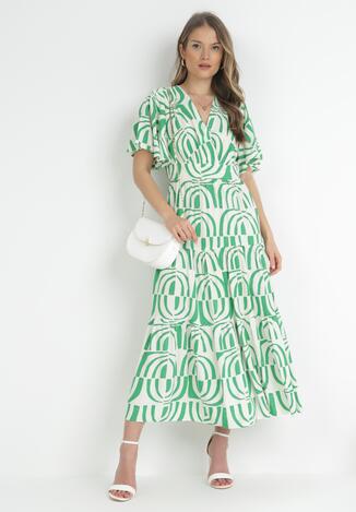 Zielona Wiskozowa Sukienka Maxi z Wiązaniem na Plecach i Krótkim Rękawem Zanae