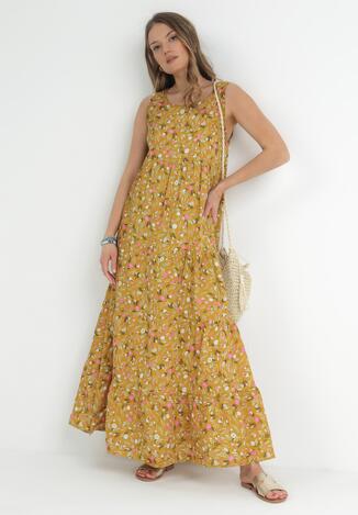 Żółta Bawełniana Sukienka w Kwiaty na Szerokich Ramiączkach Aruena