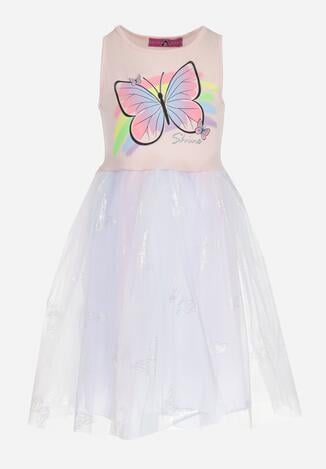 Beżowa Sukienka z Motylkiem i Tiulowym Dołem Henla