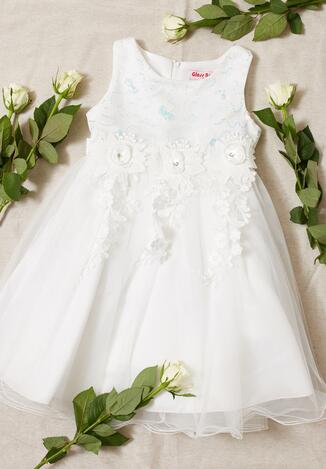 Biała Rozkloszowana Sukienka Balowa z Tiulowym Dołem i Aplikacją Kwiatów Zanileta