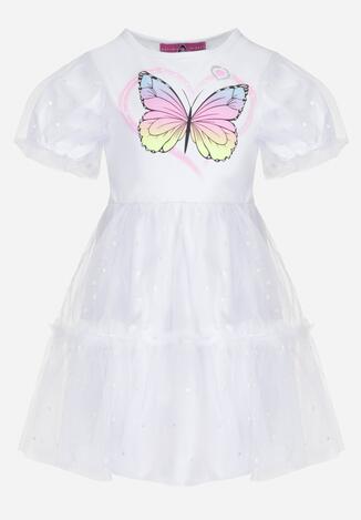 Biała Sukienka z Brokatowym Motylkiem i Tiulowym Dołem Princessia