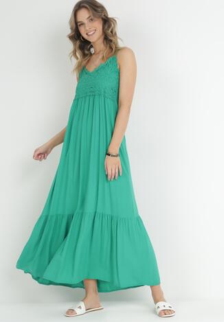 Zielona Sukienka Maxi z Ażurowym Dekoltem i Falbaną na Dole z Wiskozy Nelnin