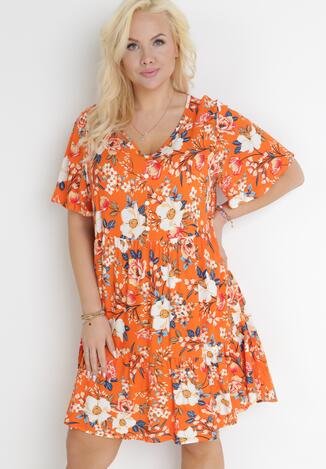 Pomarańczowa Sukienka Mini w Kwiatki z Krótkim Rękawem i Falbanką Anabetha