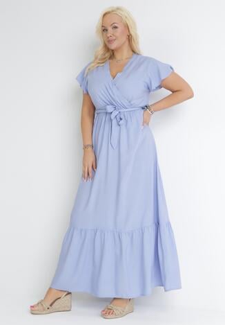 Niebieska Sukienka Maxi z Gumką w Pasie i Materiałowym Paskiem  Eisley