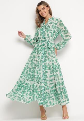 Zielona Sukienka Maxi w Kwiaty z Guzikami i Materiałowym Paskiem Kinzey